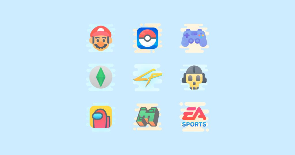 Geek Pride Day icons set on a light blue background: Ea Sports, Super Mario, The Sims 4 App, Game Controller, Minecraft Logo, Call Of Duty Warzone, Pokemon